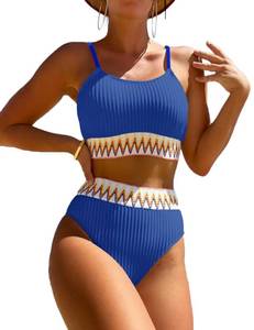 lot 93815 image: Zuvebamyo Womens High Waisted Swimsuit Two Piece Ribbed Bikini Sets Crop Top High Cut Cheeky Bathing Suits RoyalBlue M