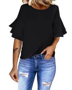 lot 93824 image: luvamia Womens Black Casual 34 Tiered Bell Sleeve Crewneck Loose Tops Blouses Shirt Size L