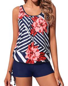 lot 93835 image: Yonique Blouson Tankini Swimsuits for Women 2 Piece Navy Blue Floral Bathing Suits Tops with Boyshorts Modest Loose Fit Swimwear L