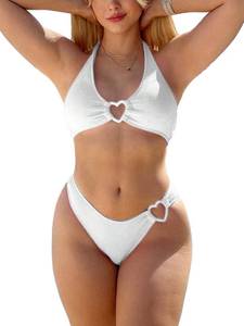 lot 93840 image: Lilosy Sexy Cute Heart Ring Linked Halter Tie Back Textured Bikini Women Cheeky Brazilian Swimsuit Set High Cut Leg Bottom Top 2 Piece Bathing Suit Heart White Medium