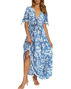 lot 93841 image: BTFBM Womens Summer Dresses 2024 Resort Wear Casual Short Sleeve Floral Print Bohemian V Neck Ruffle Flowy Maxi Dress(White Branch Blue, Small)