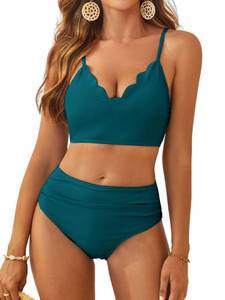 lot 93852 image: ZAFUL Womens High Waisted Wide Strap Adjustable Back Lace-up Bikini Set Swimsuit(Deep Green-Ruched S)