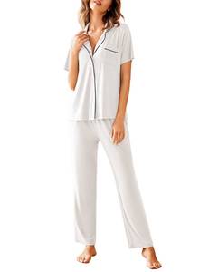 lot 93855 image: Avidlove Women Pajamas Set Notch Collar Soft Sleepwear Pjs Short Sleeve Button Down Nightwear with Long Pants White small
