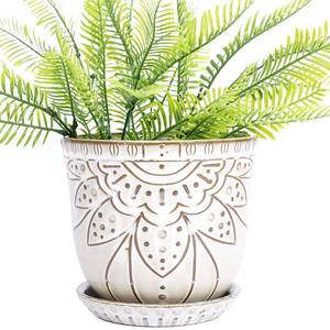 lot 93856 image: VanEnjoy 5.9 inch Round Bohemian Style Ceramic Planter, Geometry Engrave Off White Brown Planter Flower Pot, Indoor Outdoor Decorative Planter