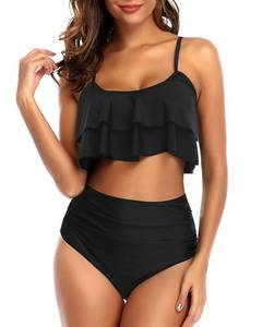 lot 93860 image: Tempt Me Women Ruffle High Waisted Bikini Green Leaf Navy Two Piece Swimsuits Ruched Bathing Suit L