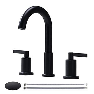 lot 93868 image: KINGO HOME Widespread Matte Black 3 Hole Bathroom Faucet, 2 Handle Black Bathroom Sink Faucet Modern Vanity Faucet with Supply Hoses, Pop Up Drain Stopper for Bathroom Sink
