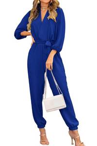 lot 93875 image: PRETTYGARDEN Womens 2024 Fall Jumpsuits Casual Dressy One Piece Outfits V Neck Long Sleeve Belt Pockets Long Pants Romper (Royal Blue,XX-Large)