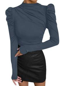 lot 93877 image: Avanova Women Puff Long Sleeve Mock Neck Top Ruched Slim Fitted Blouse Shirt Drak Green Small