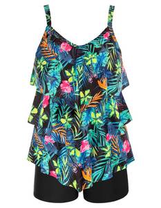 lot 93880 image: Hanna Nikole Women Plus Size Printed Tankini Swimsuits with Boy Shorts Tummy Control Two Piece Bathing Suits 16W Green Leaves