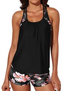 lot 93881 image: Aleumdr Women Two Piece Bathing Suits Blouson Printed Swimsuits with Shorts Black 402 X-Large
