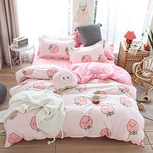lot 71644 image: Cartoon Duvet Cover Set Queen Pink Peach Bedding Set Kid Kawaii Bedding Set Girl Lovely Peach Comforter Cover Cute Fruits Quilt Cover Tropical Plant Bedding Reversible Soft Bedspread Cover Room Decor