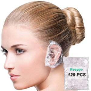 lot 71675 image: Keeygo 120 Pack Ear Covers for Shower, Waterproof Plastic Ear Shower Caps, Disposable Ear Protectors for Hair Dye, Hair Dryer, Bathing Ear Caps
