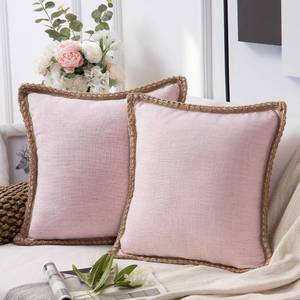 lot 71689 image: Phantoscope Pack of 2 Farmhouse Decorative Throw Pillow Covers Burlap Linen Trimmed Tailored Edges Light Pink 20 x 20 inches, 50 x 50 cm