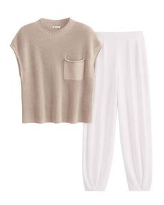 lot 71698 image: PRETTYGARDEN Womens 2 Piece Outfits Sweater Sets Knit Pullover Tops And High Waisted Pants Matching Tracksuit Sweatsuit Set (Khaki Beige White,Small)