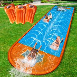 lot 71700 image: Slip Water Slide, 17ftx7ft Kids Slip Water Slide for Backyard Lawn, 3 Sliding Racing Lanes and 3 Inflatable Bodyboards with Sprinklers, Shark Pattern Outdoor Summer Water Toy