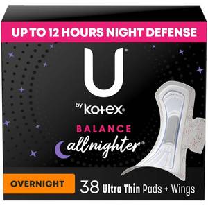 lot 71715 image: U by Kotex Balance Ultra-Thin Overnight Pads with Wings - Unscented - 38ct