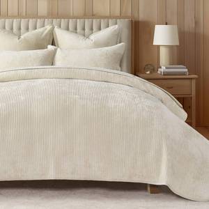 lot 71729 image: EVERGRACE Velvet Quilt Set Queen Size, Luxurious Soft Velvet Bedding Sets, Lightweight Velvet Comforter for All Season, Striped Channel Bedspread Coverlet with 2 Shams, Light Sand - Retail $79.98