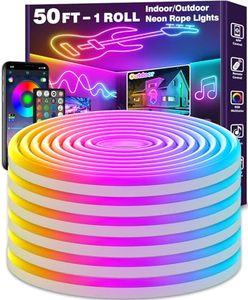 lot 71766 image: 50Ft Neon Rope Lights,Flexible Led Rope Lights Control with AppRemote,Multiple Modes Rope Lights,IP65 Outdoor RGB Led Neon Lights Waterproof,Music Sync Gaming Led Neon Light Strip for Bedroom Decor