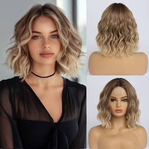 lot 71776 image: simkaylee Short Ombre Blonde Wavy Wig for Women 14 Inch Shoulder Length Middle Part Curly Wavy Bob Wig Natural Looking Synthetic Heat Resistant Fiber Wig for Daily Party Use