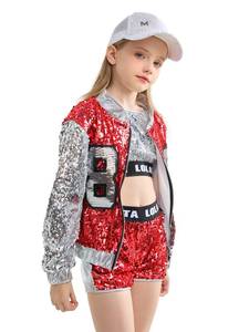 lot 71779 image: LOLANTA Hip hop Dance Costumes Girls Dancing Outfits Sequin Shorts Set Silver Sequin Jacket Kids Stage Performances (Red, 8-10)