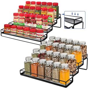 lot 71797 image: IFELS Spice Rack Organizer for Cabinet, 4 Tier Seasoning Organizer, Expandable Shelf,Step Storage Holder, Kitchen Cabinet Countertop,with Protection Railing, Metal (Black,2 PC)