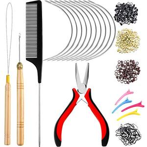 lot 71812 image: Chuangdi Sew in Hair Extension Tool Kit, 600 Silicone Lined Micro Ring Beads 1 Pliers 2 Hook Needle Pulling Loop 10 Curved Hair Needle 4 Alligator Hair Clips 1 Comb 100 Black Mini Rubber Band