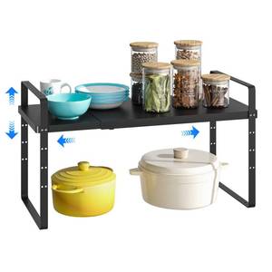 lot 71828 image: KIKIBRO Expandable Cabinet Shelf Organizer, Stackable Kitchen Pantry Counter Storage, Adjustable Closet Cupboard Stand Rack Risers Spice Organization 80LBS Heavy Duty Black Large 1 Pack