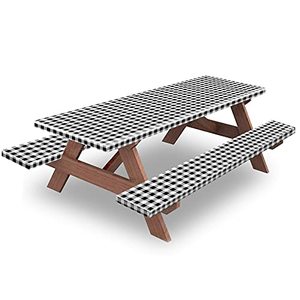 lot 71847 image: KENOBEE 6ft Picnic Table and Bench Fitted Cover, 72 Flannel Backing Elastic Edge Waterproof Wipeable Plastic Cover Fitted Vinyl Tablecloth for Home Goods Indoor Outdoor Patio, Black-White Checkered