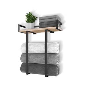 lot 71858 image: Towel Racks for Bathroom Wall Mounted, Xstydes Metal Towel Holder with Wooden Shelf for Folding Large Towels, Towel Storage for Small Bathroom Organizer Decor or RV Camping