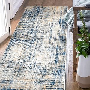 lot 71859 image: jinchan Runner Rug 2x5 Hallway Abstract Sketch Distressed Washable Kitchen Rug Navy Blue Multi Print Colorful Overdyed Chenille Thin Rug Contemporary Carpet for Bathroom Laundry Room Bedroom
