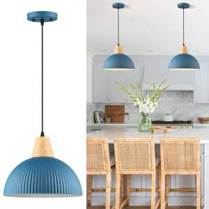 lot 71861 image: Mgcanyu Modern Blue Pendant Lights Kitchen Island, 11.8 Blue Dining Room Light Fixture Striped Metal Dome Hanging Ceiling Light for Sink Living Room Restaurant Bedroom Hallway Farmhouse Foyer