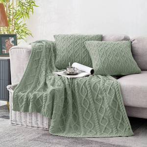 lot 71888 image: Homiest Cable Knit Throw Blanket and Pillow Set, Sage Green Throw Blanket Set of 3, Knitted Throw Blanket (50x60) & 2 Pillow Covers (18x18), Soft & Cozy Decorative Throw Blanket for Couch Bed Sofa