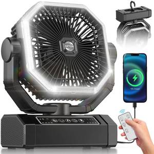 lot 71898 image: Portable Rechargeable Fan - 9-Inch Camping Fan with Light - 60Hrs 20000mAh Battery Operated Fan for Camping - Outdoor - Tent Fan with Remote, 4 Speeds, 4 Timing, Shaking Head Camp Fan for Tent