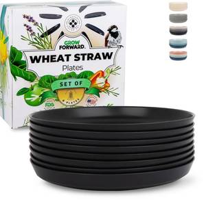 lot 71901 image: Grow Forward Premium Wheat Straw Plates - 10 Inch Reusable Hard Plastic Dinner Plates Set of 8 - Unbreakable Microwave Safe Plates for Dessert, Camping, RV, Outdoors, Patio, Kitchen Dishes - Midnight