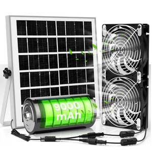 lot 71903 image: DSTANA Solar Fan with Battery, 20W Solar Powered Greenhouse Exhaust Intake Fan for Outside Chicken Coop, Doghouses, Shed Circulation Cooling Ventilation, Waterproof, 16Ft OnOff Cable