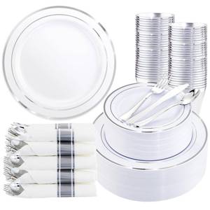 lot 71905 image: WDF Partyware 350Piece Silver Plastic Dinnerware Set for 50 Guests - Silver Plastic Plates with Disposable Cutlery Include50Dinner Plates-50Dessert Plates-50Pre Rolled Napkins with Silver Silverware