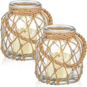 lot 71906 image: Blushtier 2 Set Coastal Glass Candle Lantern with Rope Handle 5.5 x 5.5 x 6.3 Nautical Glass Jar Battery Operated LED Flameless Lantern for Room Party Sea Beach table Centerpieces Decoration