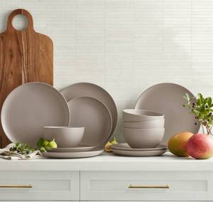 lot 1216 image: Members Mark 12 Piece Artisan Crafted Dinnerware Set - Taupe.