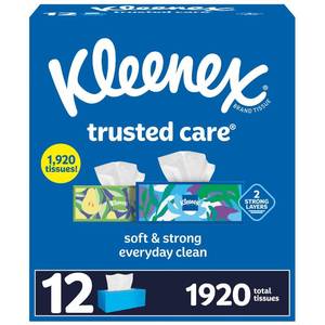 lot 1224 image: Kleenex Trusted Care 2-ply Facial Tissues Flat Boxes (160 TissueBox, 12 Boxes).