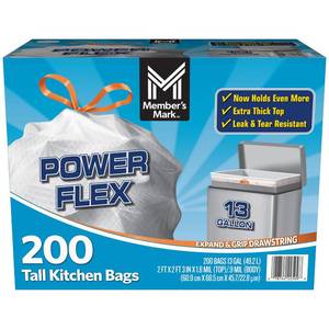 lot 1231 image: Members Mark Power Flex Tall Kitchen Drawstring Trash Bags Unscented (13 gal, 200 ct.).