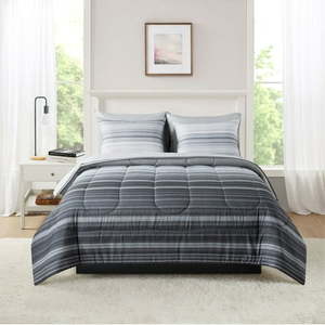 lot 1251 image: Mainstays 7 Piece Reversible Bed in a Bag Comforter Set with Sheets Grey Stripe Full.