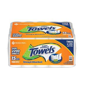 lot 2209 image: Members Mark Super Premium Paper Towels, Select & Tear, White, 15 Mega Rolls