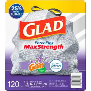 lot 2214 image: Glad 13-Gal. ForceFlex OdorShield Lavender Drawstring Plastic Trash Bags 120 ct. - White