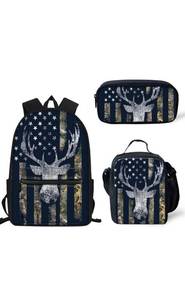 lot 28233 image: Kids Backpack American Flag Camo Deer Hunting Shoulder School Bag Student Daypack Set with Pencil Holder&Lunch Box,3PCS