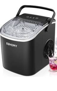 lot 28244 image: EUHOMY Countertop Ice Maker Machine with Handle, 26lbs in 24Hrs, 9 Ice Cubes Ready in 6 Mins, Auto-Cleaning Portable Ice Maker with Basket and Scoop, for HomeKitchenCampingRV. (Black)