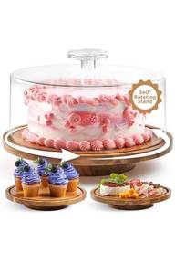 lot 32274 image: Rotating Cake Stand with Lid - 12 Inch Round Cake Holder with Cover, 4�� Tall, Acacia Wood Spinning Cake Turntable for Decorating, Display and Serving Platter, Acrylic Cake Dome, No Glass