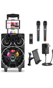 lot 32275 image: Pyle Portable Bluetooth PA Speaker - 580W 8�� Rechargeable Outdoor BT Karaoke Audio System - TWS, Disco Party Lights, LED Display, FMAUXMP3USBSD, 6.5mm in, Trolley, Wheels - Wireless Mic, Remote