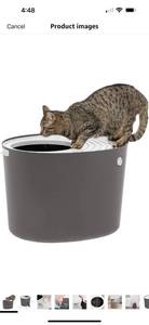 lot 32314 image: IRIS USA Cat Litter Box, Top Entry Litter Box with Scoop, Stylish Round Cat Litter Box Enclosure, Kitty Litter Box, Dark GrayWhite