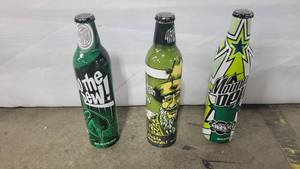lot 56444 image: Collectors Set Of 3 Mountain Dew Bottles 16oz Aluminum- Sealed Unopened