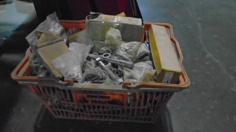 lot 4696 image: Carry Shopping Basket Full of Misc Hardware, Nuts and Bolts.
